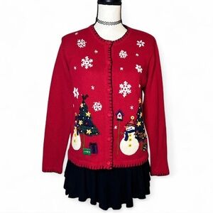 Festive Red Women's Sweater with Snowman and Tree Design
